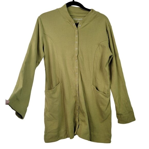 Soft Surroundings 100% Cotton Long Line Snap Closure Bottle Green Cardigan Sz S - Picture 1 of 12